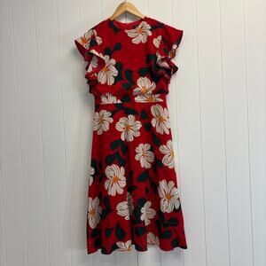London Fog Red Daisy Floral Midi Dress Medium Whimsical Retro Vibes Flowy Office